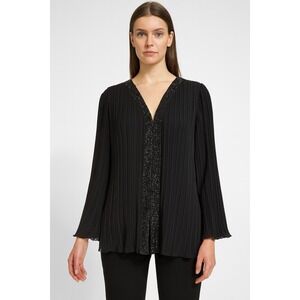 Patra Woman's Black Pleated Chiffon Blouse SZ 14W Beaded Evening Top‎ Glam Whim